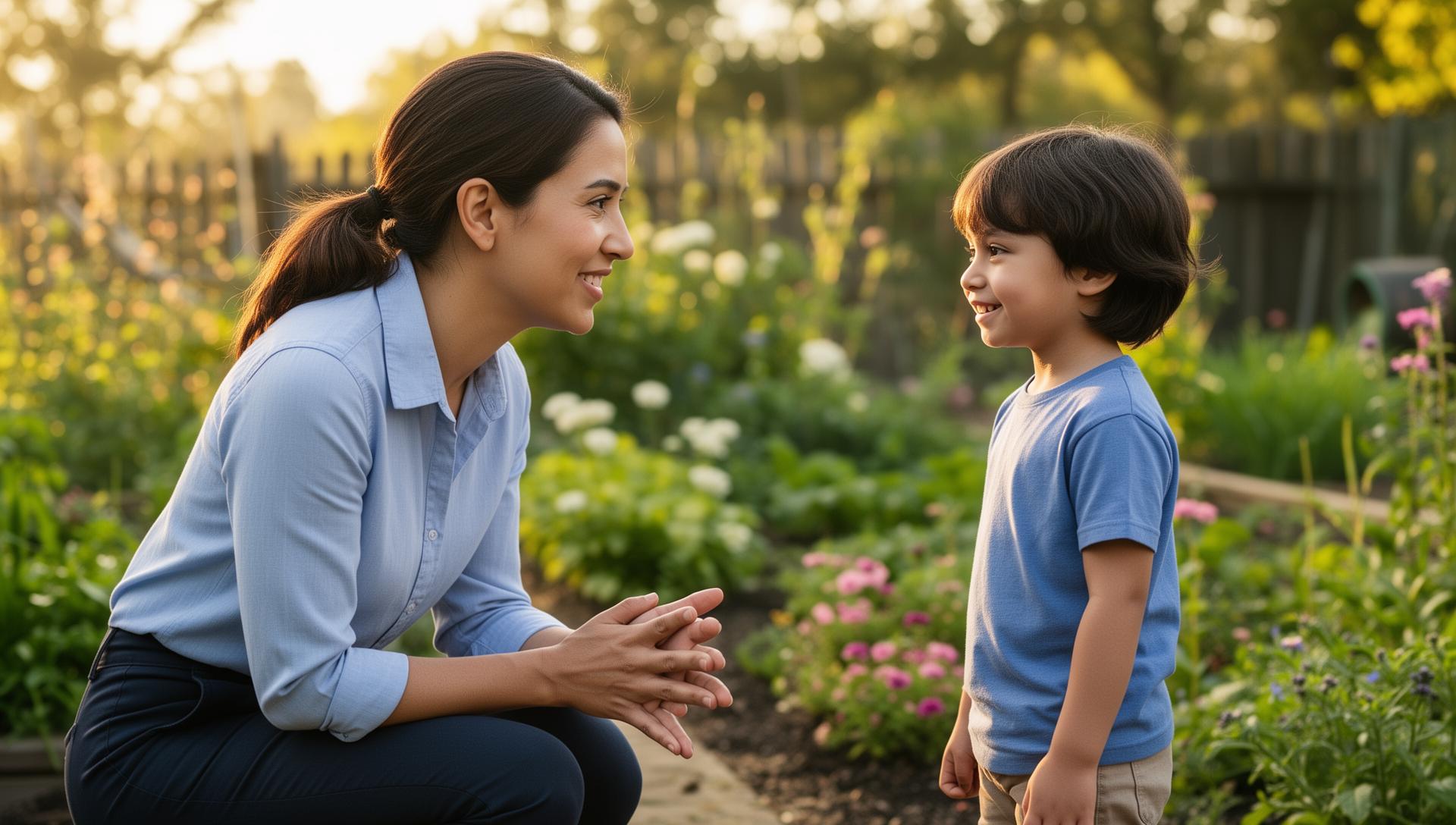 Pädagogin im Gespräch mit Kind im Garten
